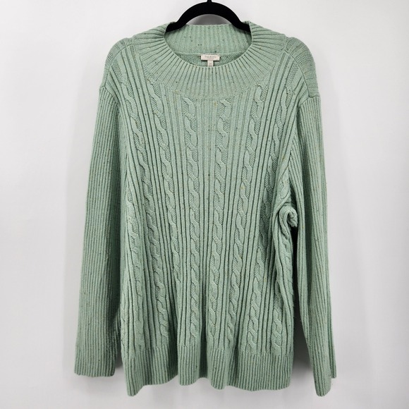 Talbots Plus Size 2X Green Cable Knit Crew Neck Sweater Cotton Blend - Picture 1 of 6